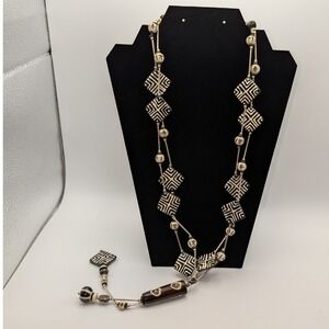 Kenya Batik Bone Bead Necklace Tribal Geometric Statement Black Cream Brown